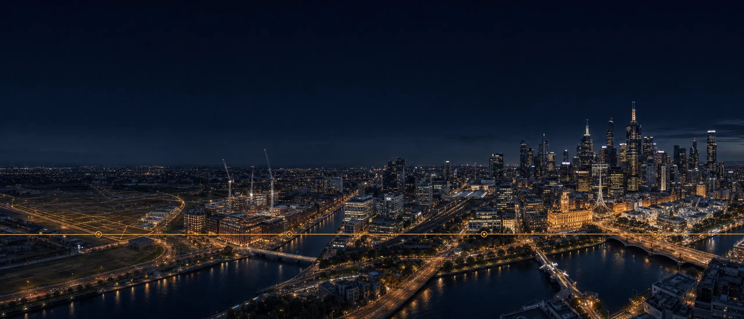 Concept illustration: a gold line across Melbourne at night, from a survey grid on the left to the lit CBD