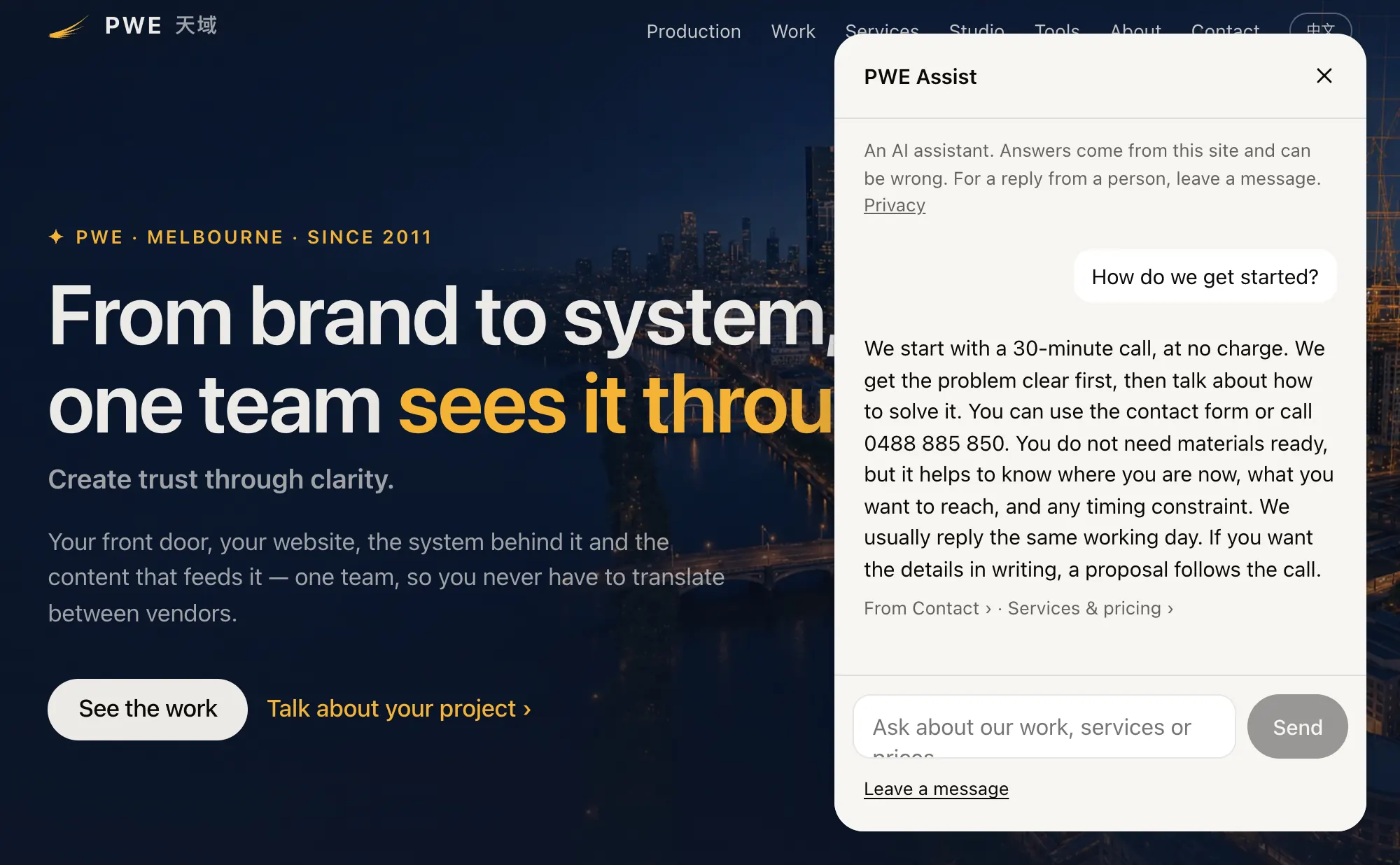 The PWE Assist window open on this site's home page: one question, one answer, and a line of sources under it
