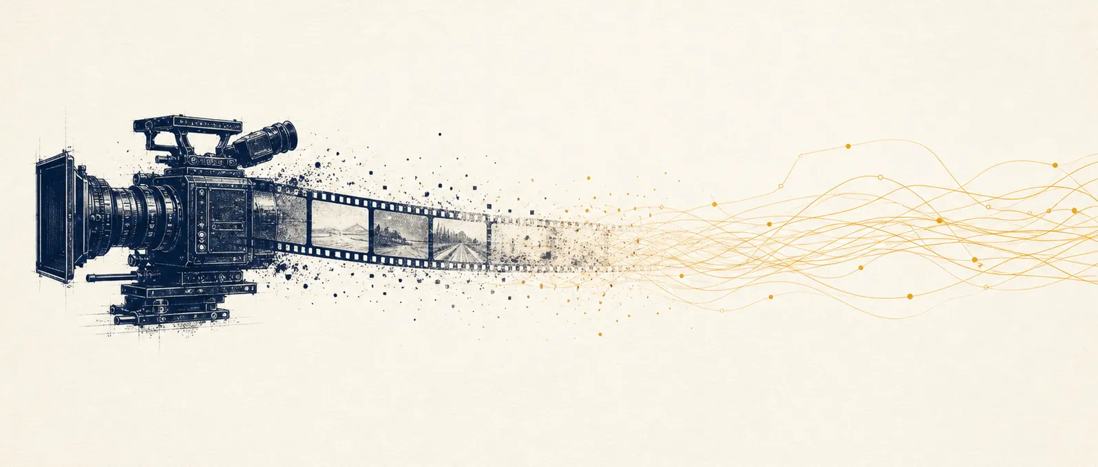 Concept illustration: footage from a camera turns into film, then flows into an automated workflow