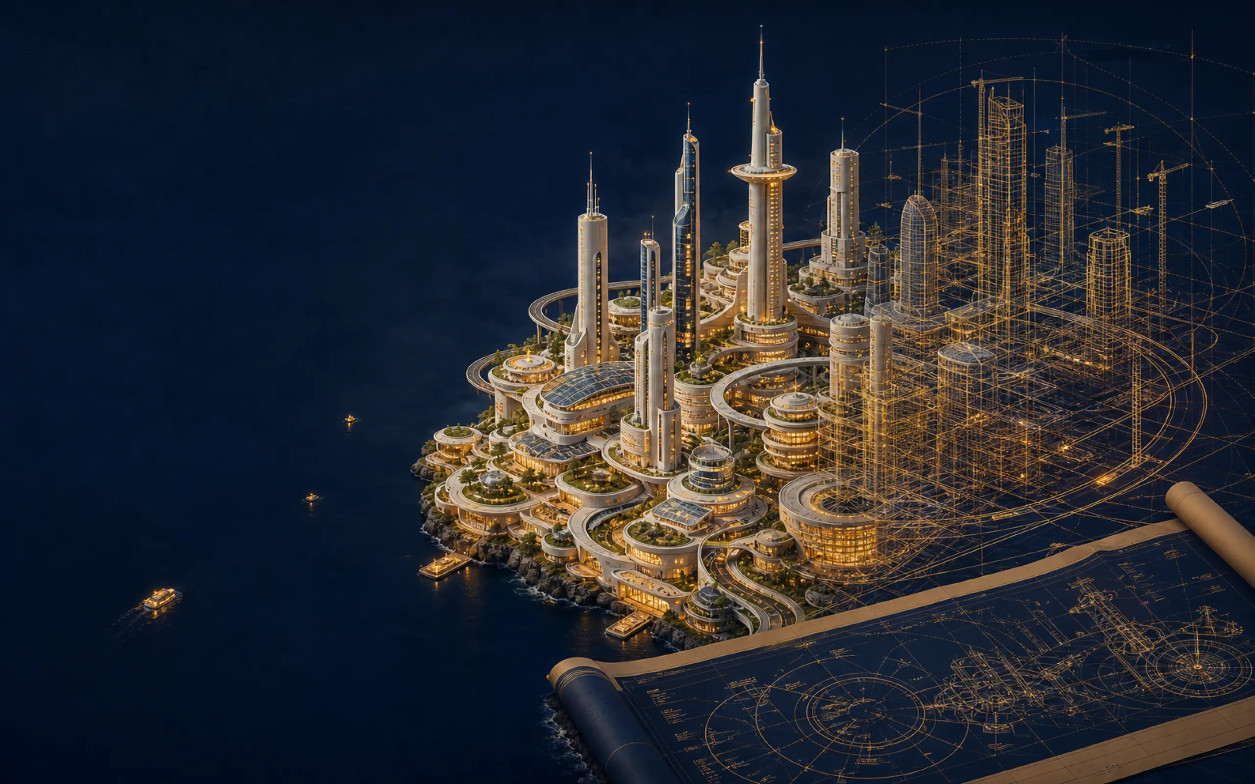 Concept illustration: a city growing out of a gold wireframe