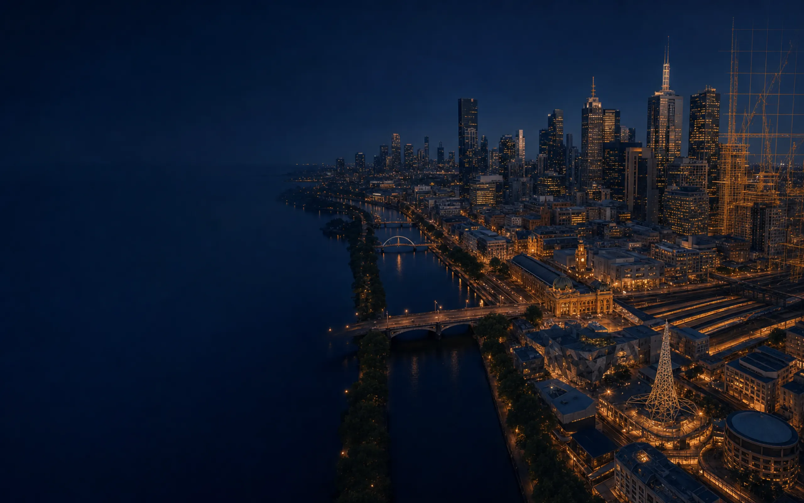 Concept illustration: Melbourne at night from above, gold wireframe towers still rising by the CBD
