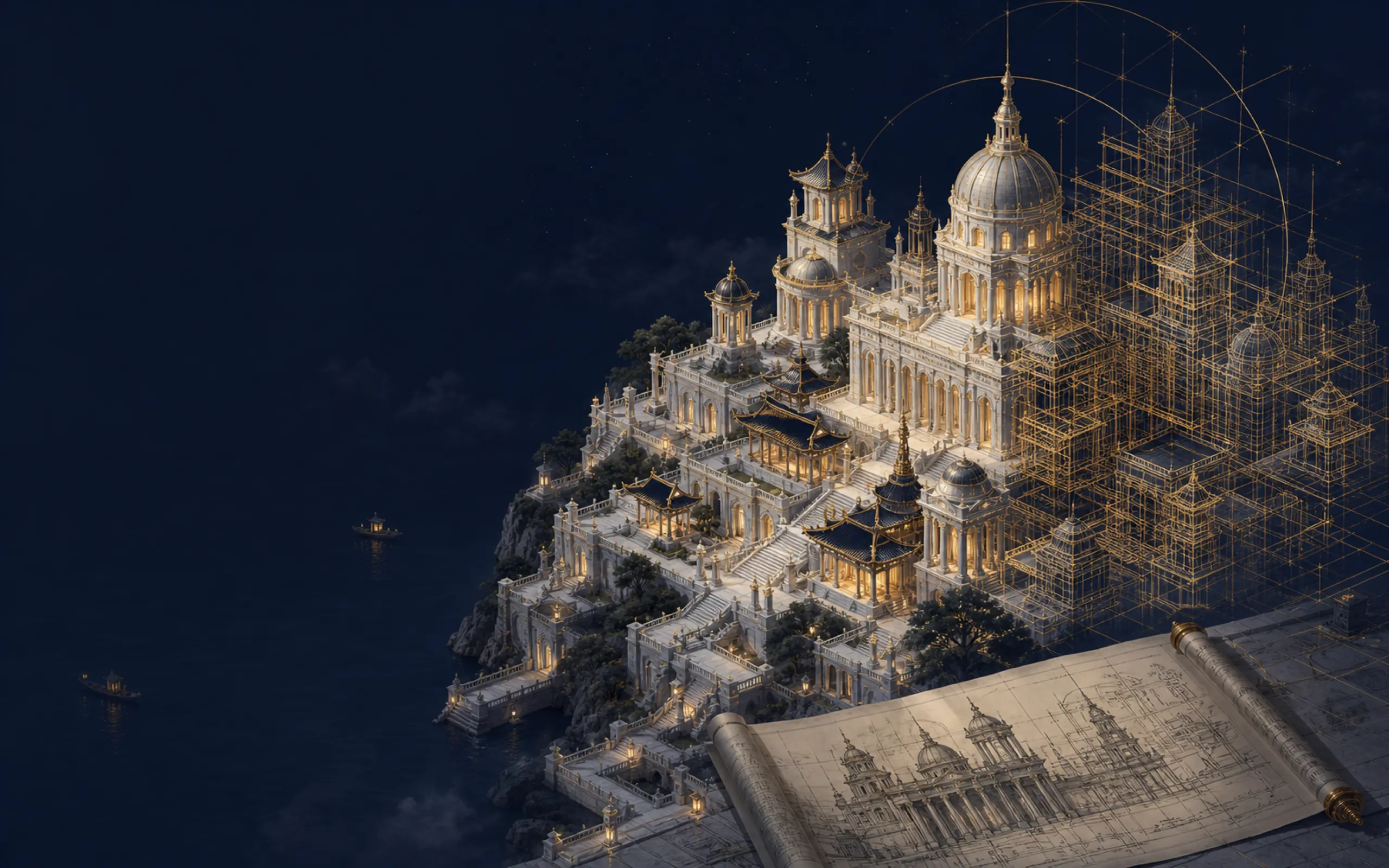 Concept illustration: a palace half built — one half finished, the other still gold wireframe