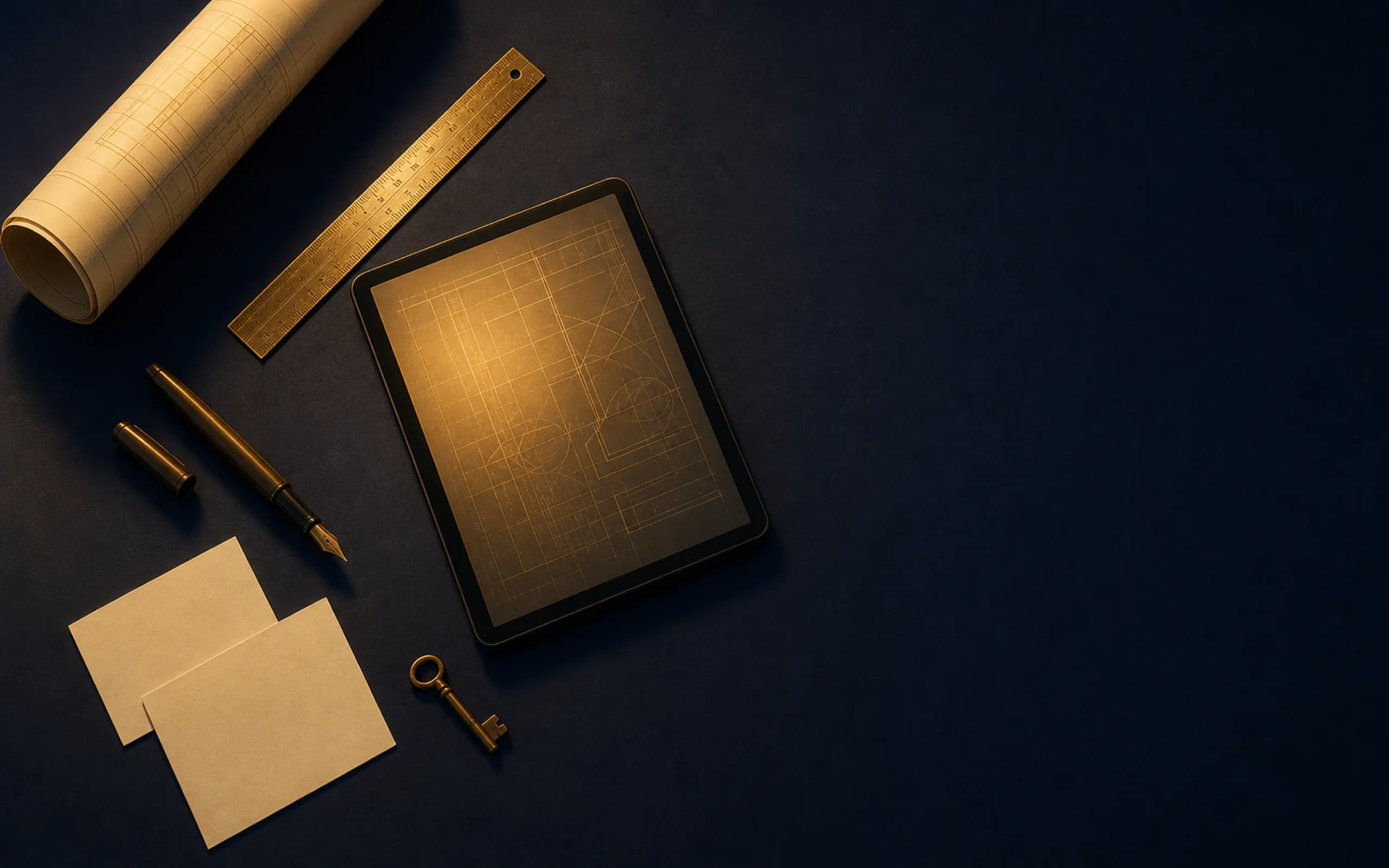 Concept illustration: drawings, a rule and a tablet on a dark desk