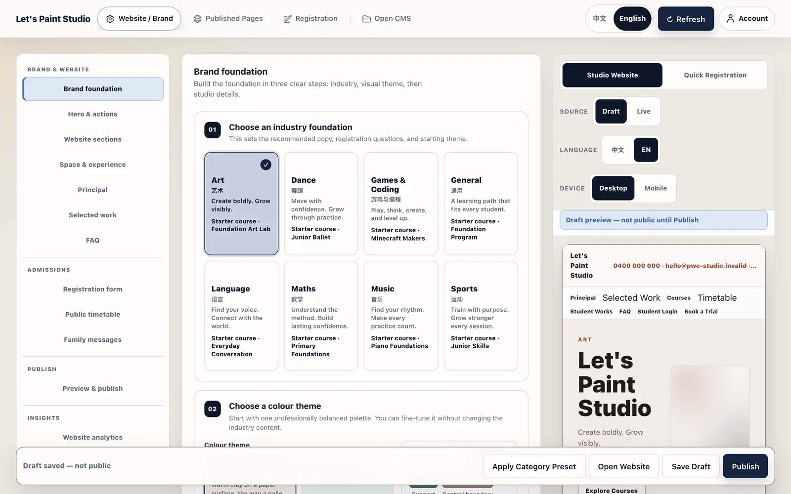 Studio Admin grouped workbench navigation, editor and private draft preview