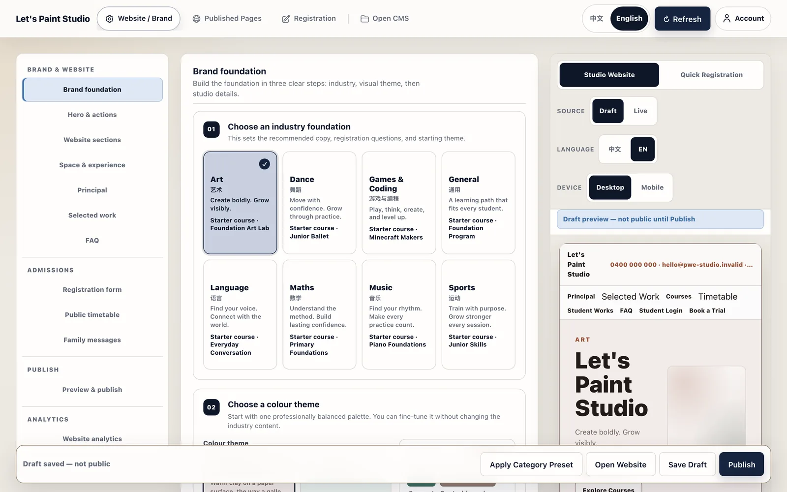 Studio Admin grouped workbench navigation, editor and private draft preview
