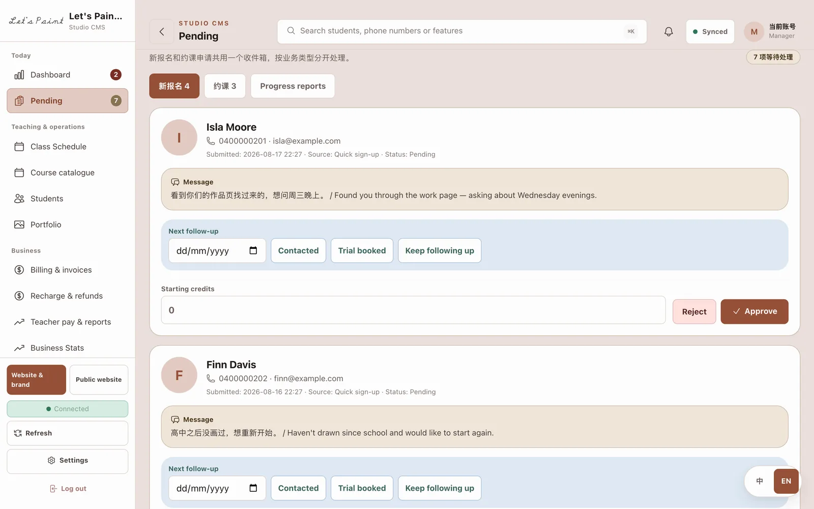 The Pending tab listing enquiries awaiting review