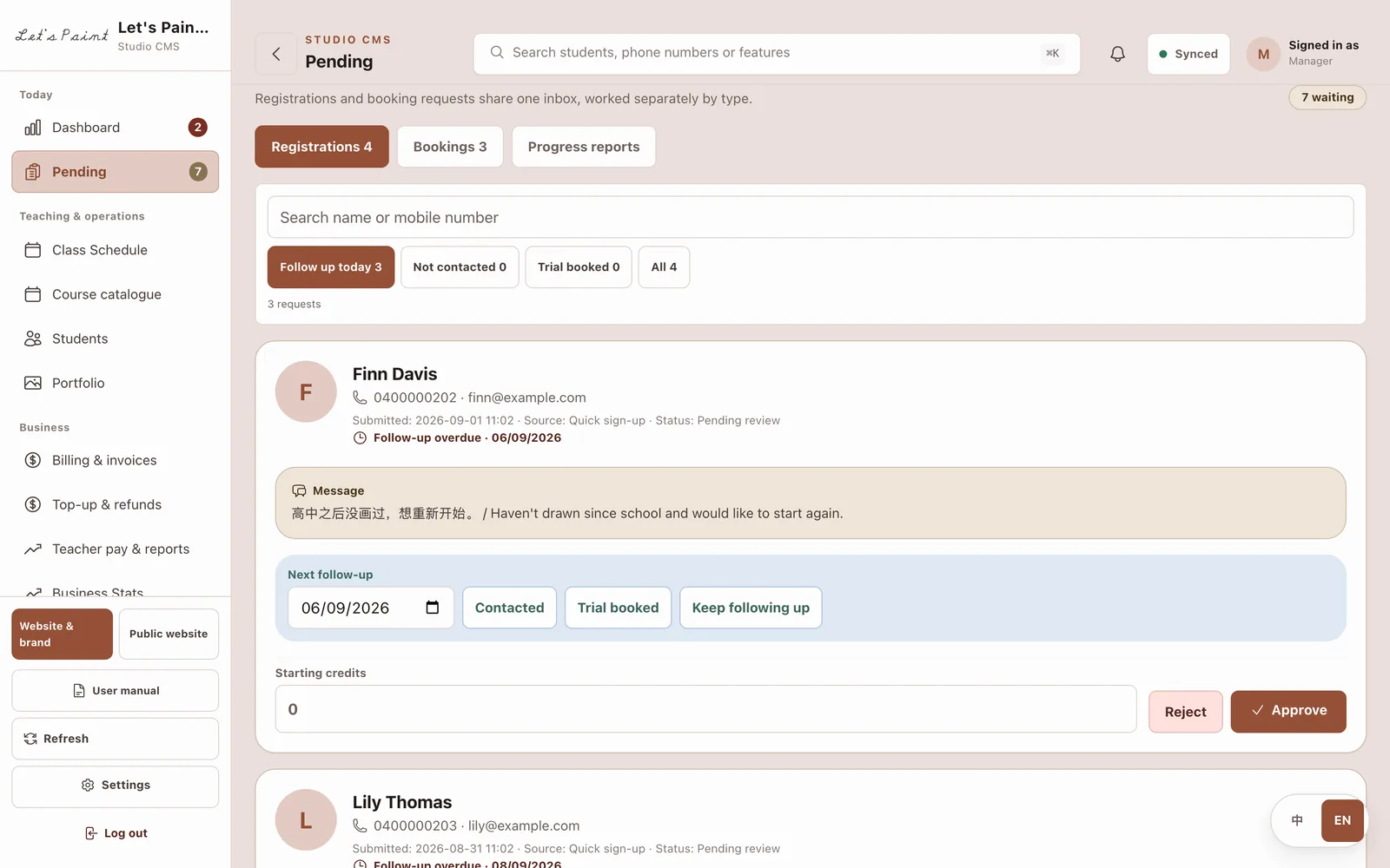 The Pending tab listing enquiries awaiting review