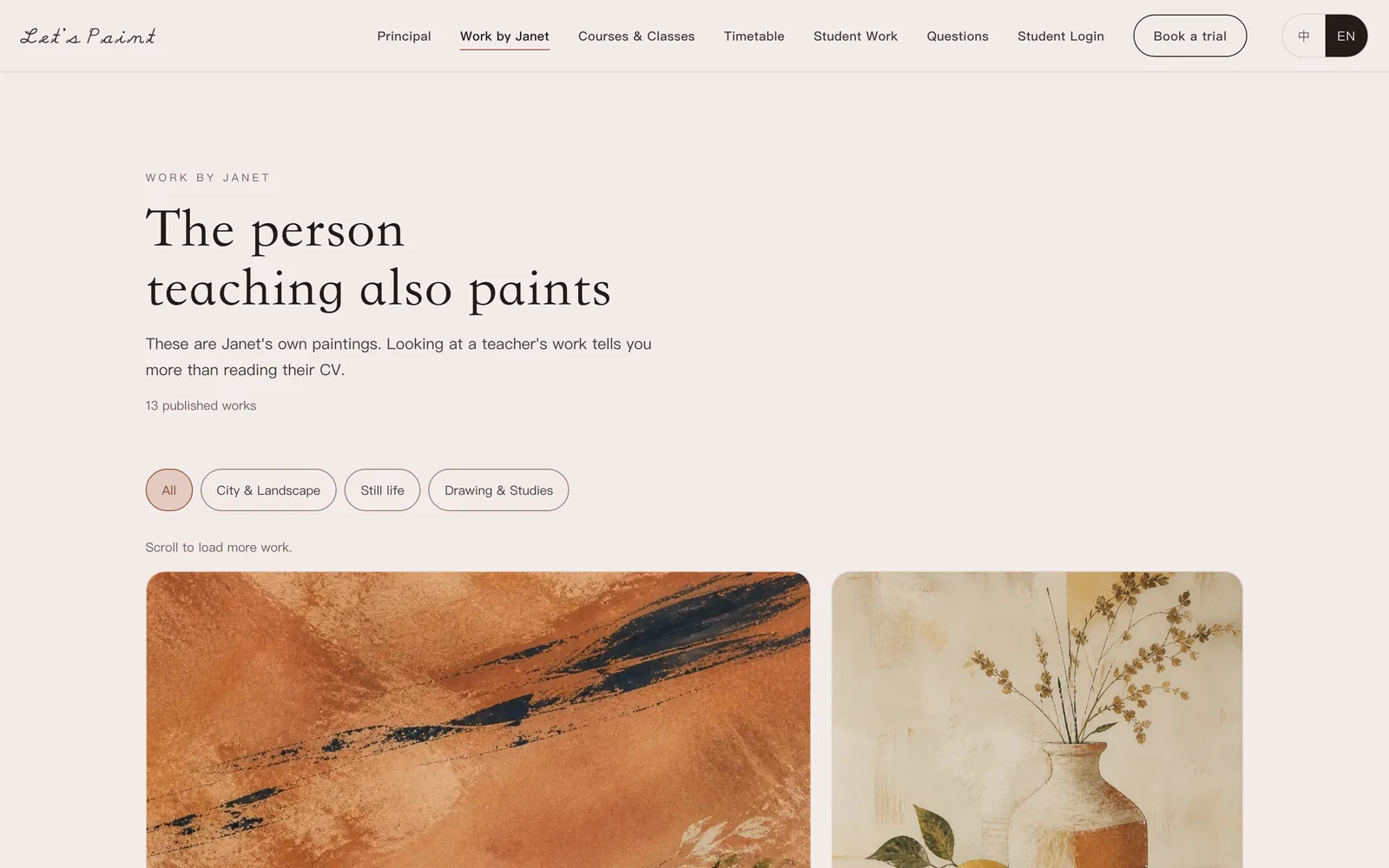 The standalone Selected Work page with its own heading, published count and category filters