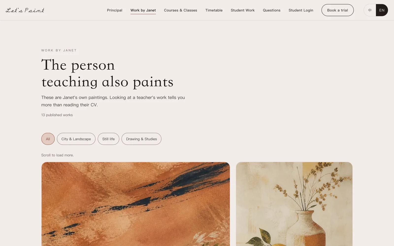 The standalone Selected Work page with its own heading, published count and category filters