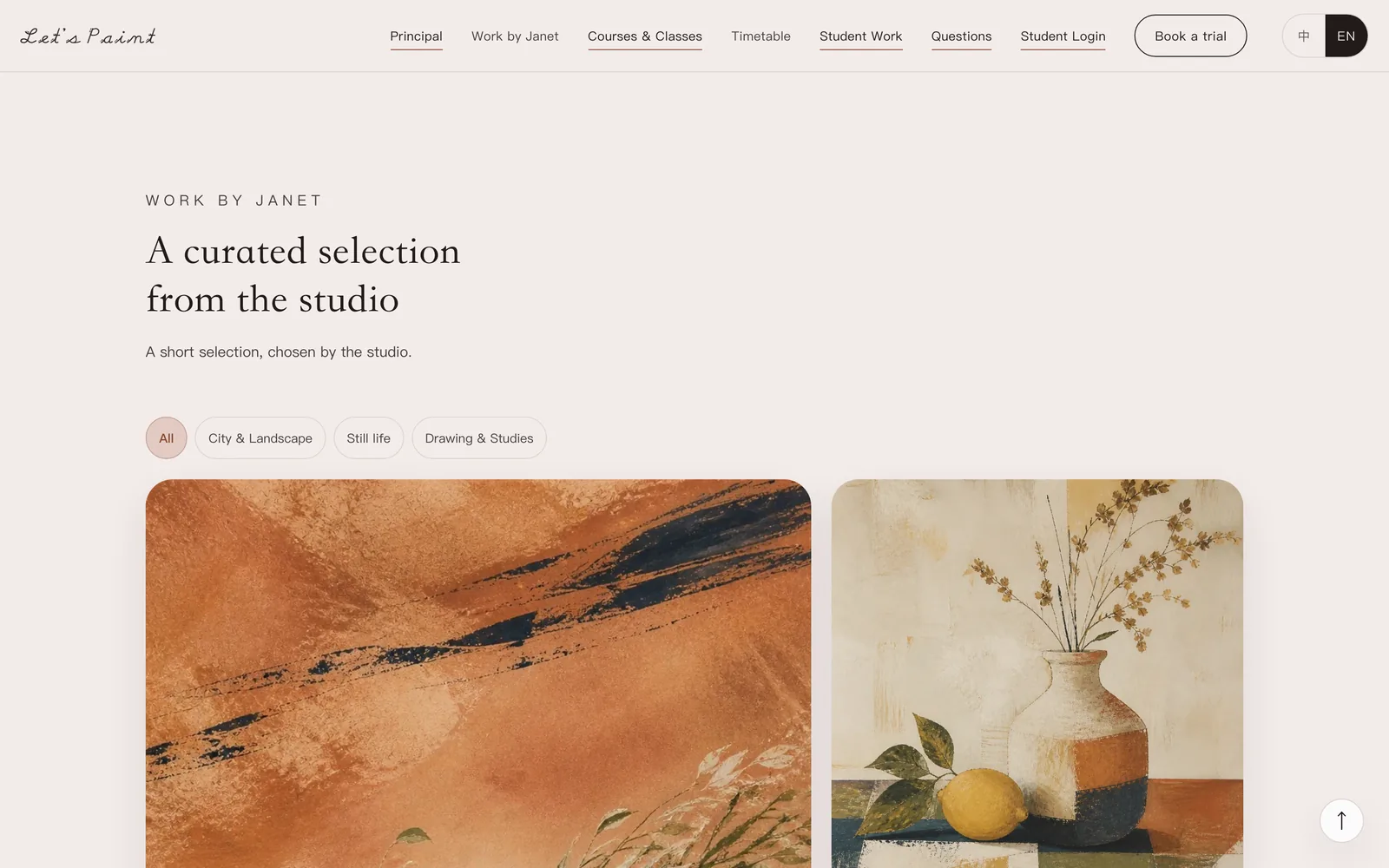 Public studio portal showing the Selected Work section