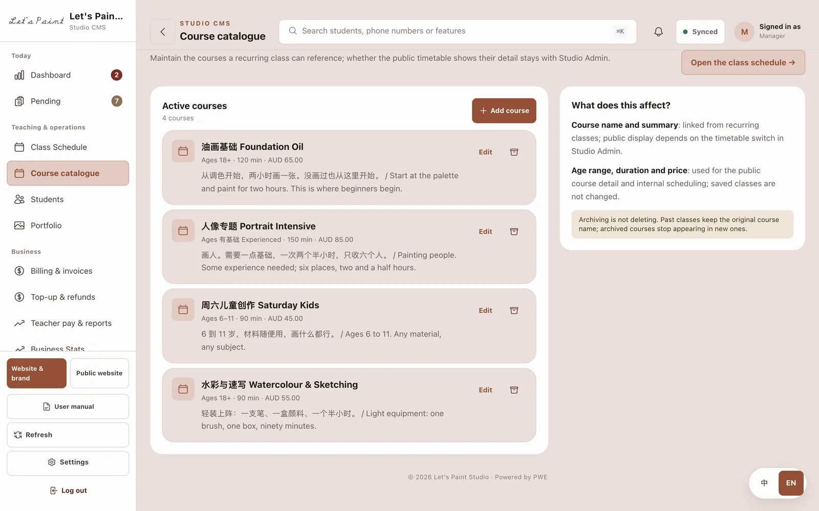 The course catalogue workspace with active courses and a clear link back to scheduling