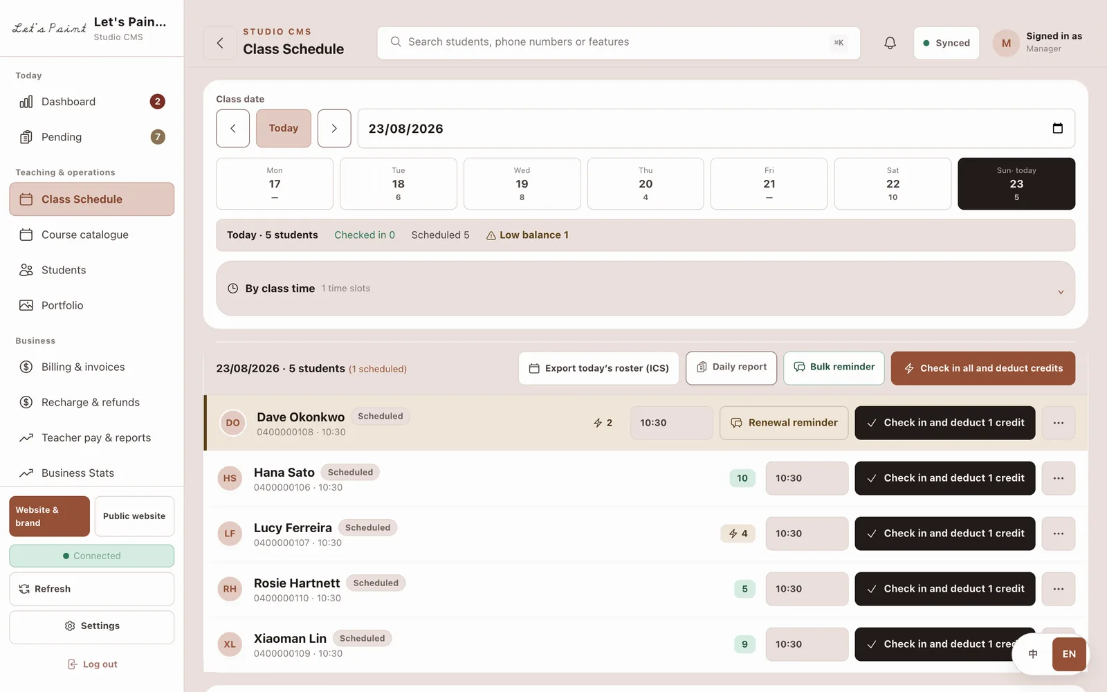 The daily roster showing a weekly class and the students attending