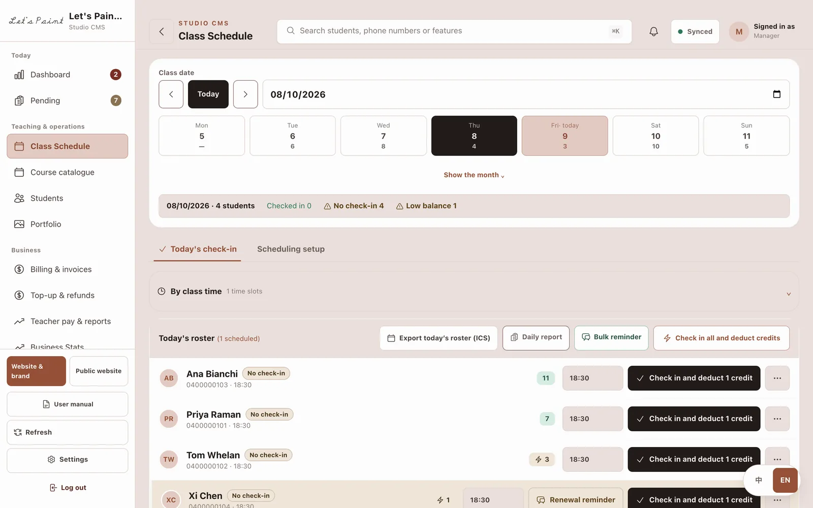 The daily roster showing a weekly class and the students attending