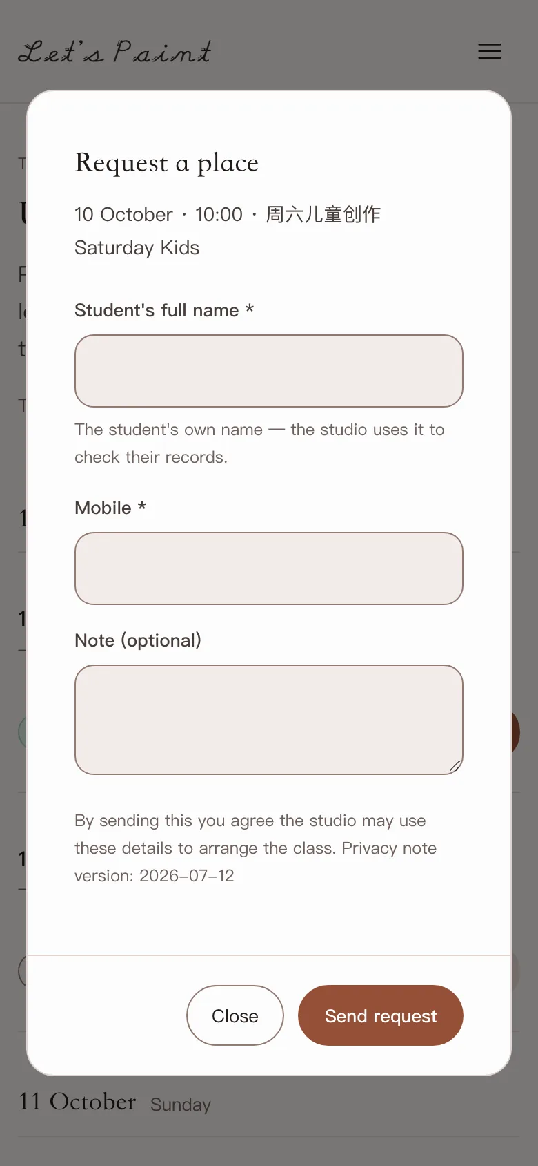 Mobile public timetable with a booking request dialog