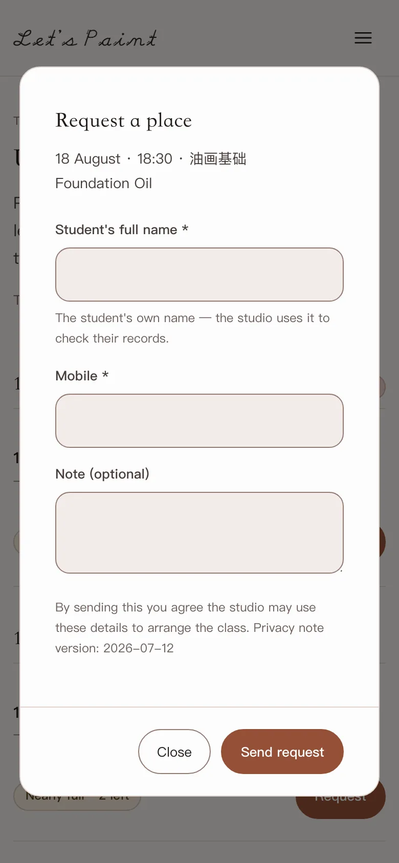 Mobile public timetable with a booking request dialog