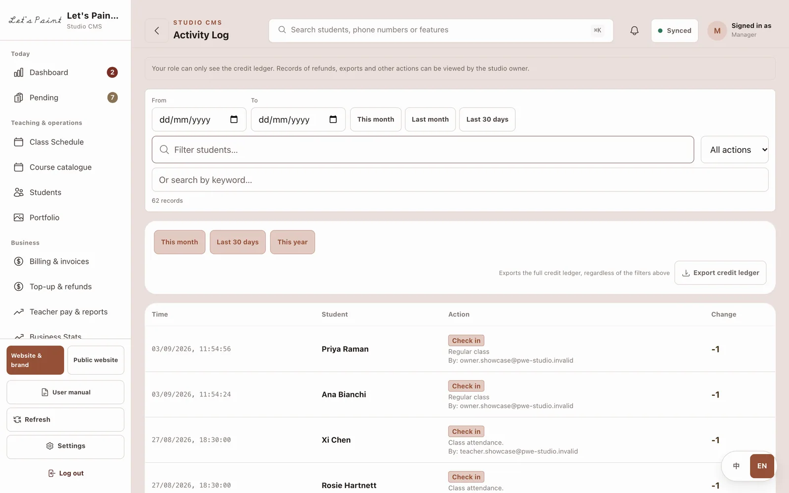 The activity log listing recorded actions with the person and time