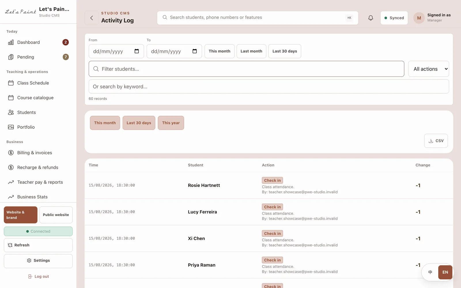 The activity log listing recorded actions with the person and time