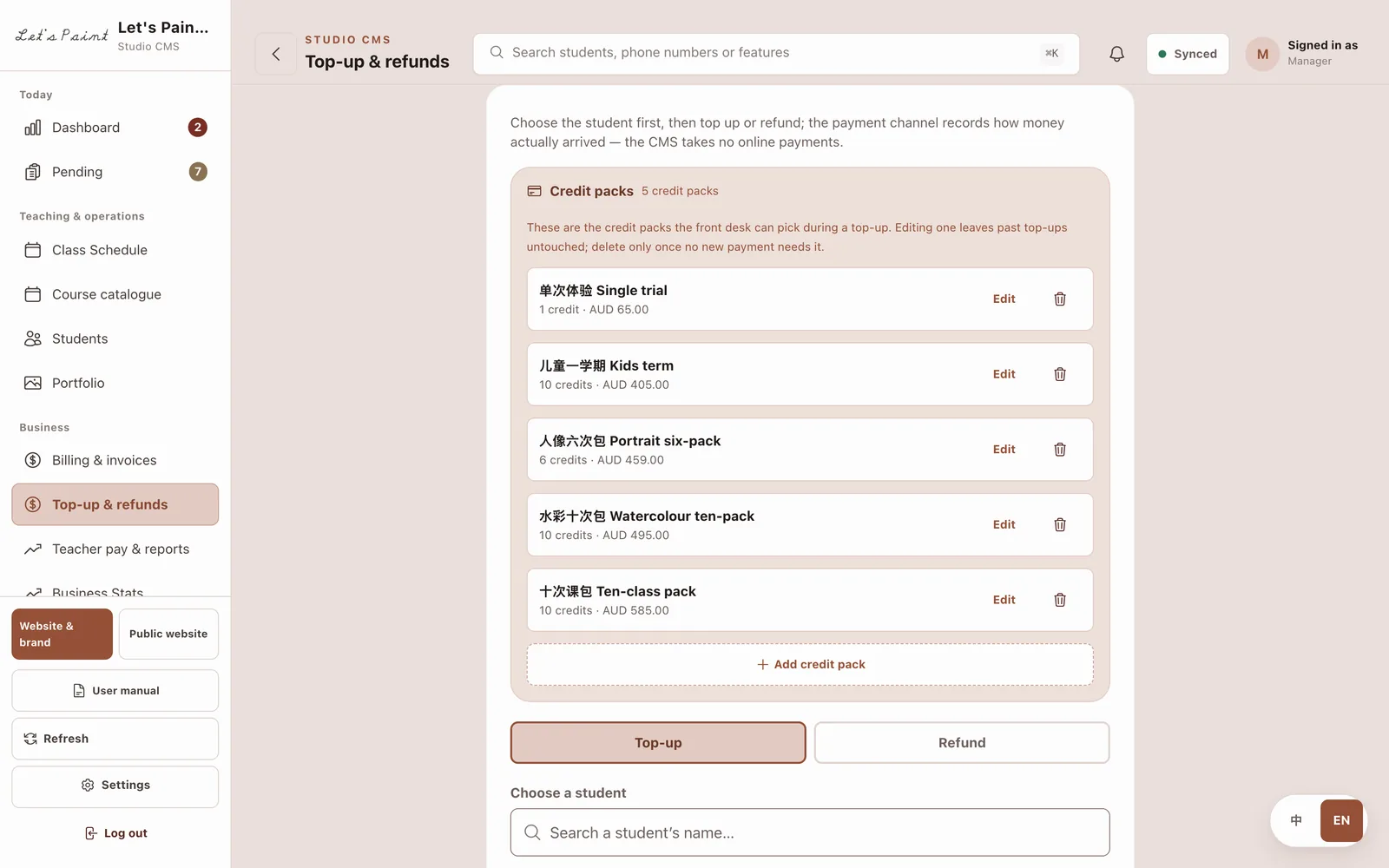 The top-up screen with a student selected