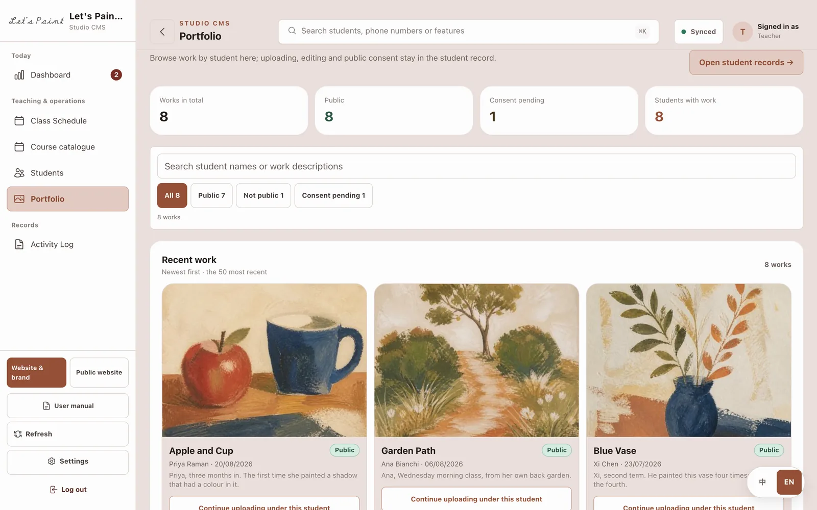 The portfolio workspace showing recent works, publication status and student links