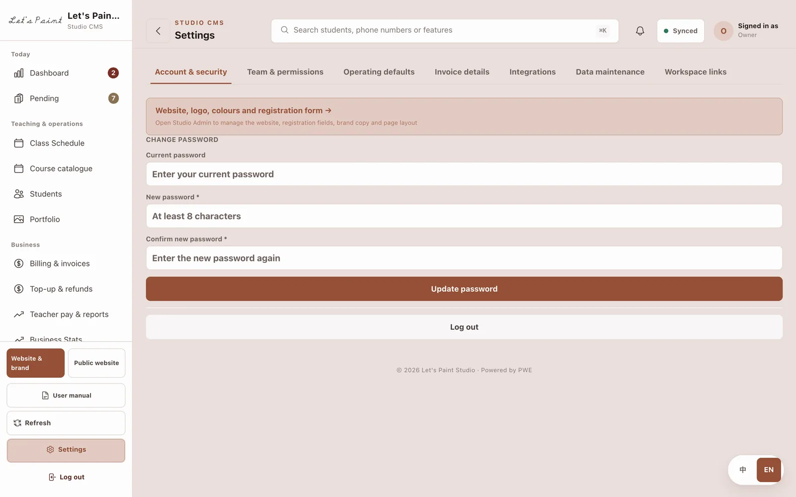 The full-page CMS settings workspace with anchored account and team sections