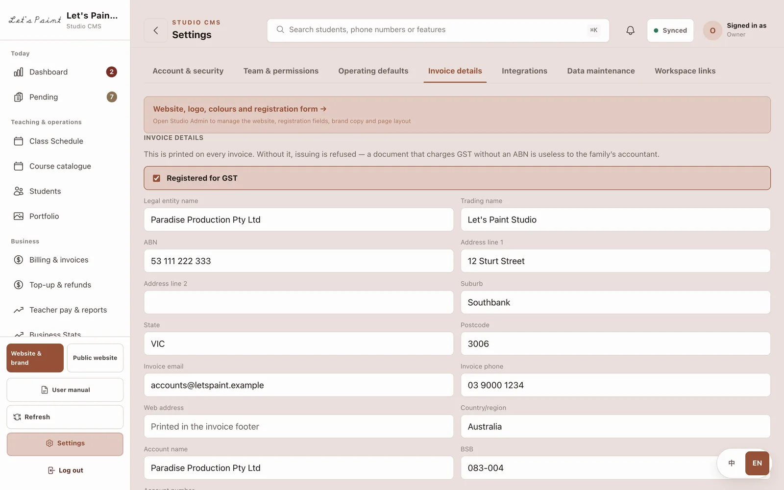 The invoice details tab in settings, with ABN and GST registration