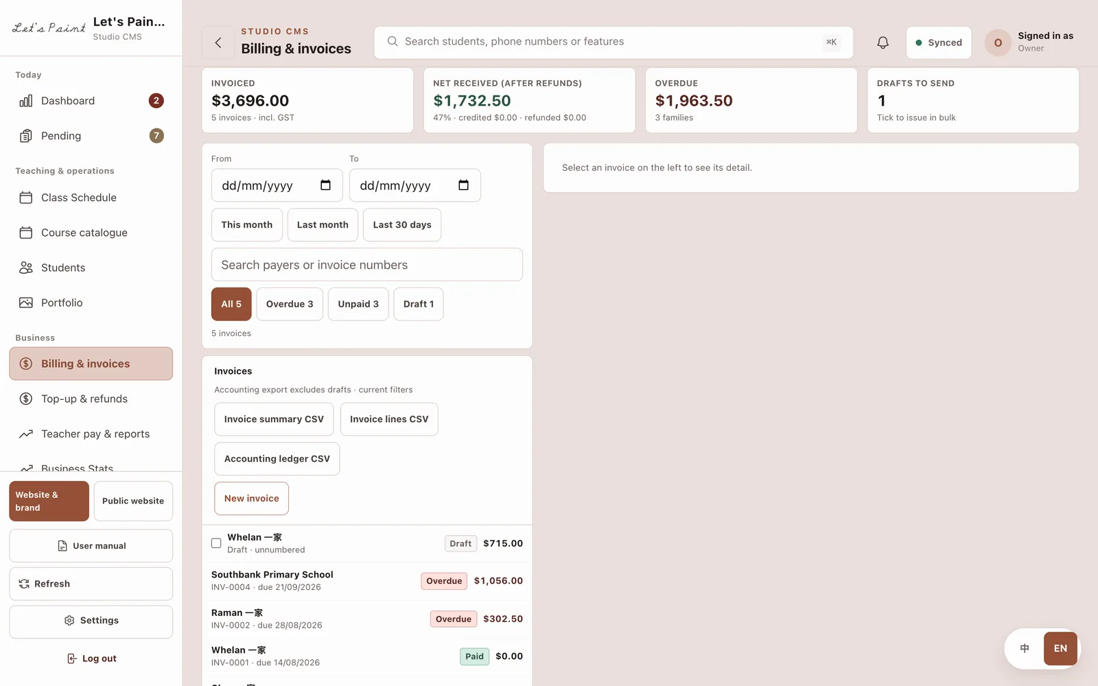 The billing workspace with filters, invoice list and detail