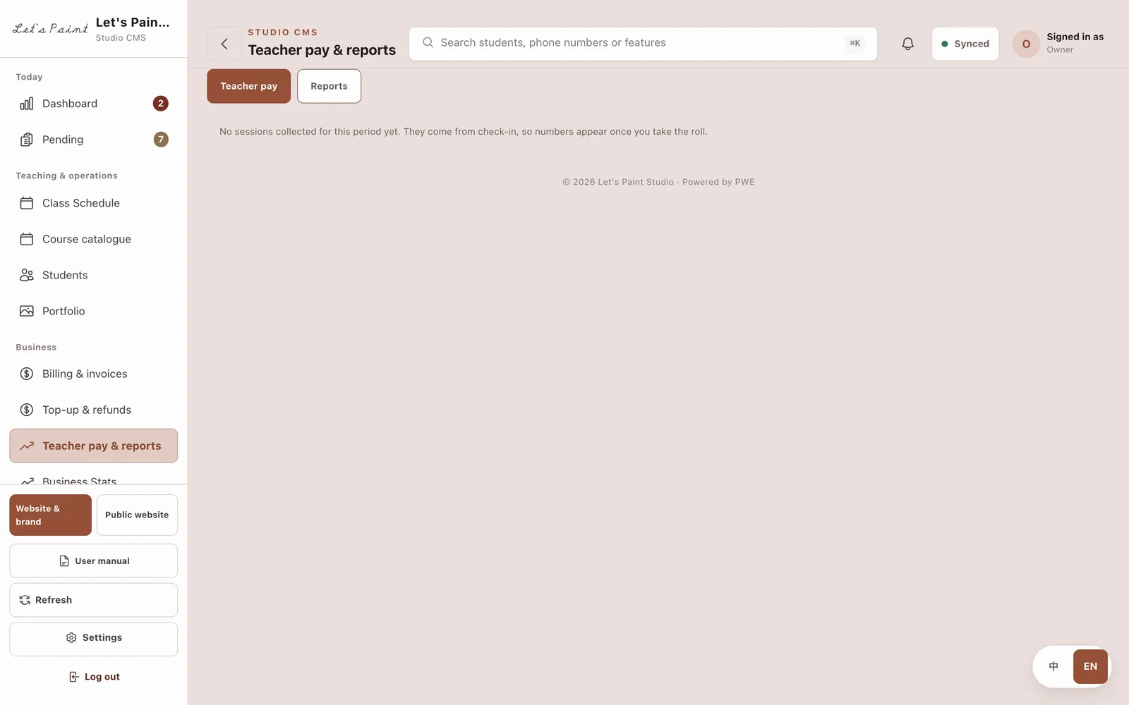 Teacher pay with a date range, teacher search and the sessions behind the total