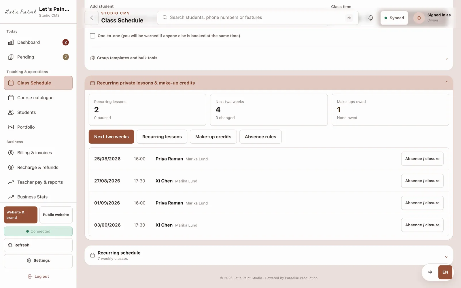 The recurring private lessons panel inside class scheduling