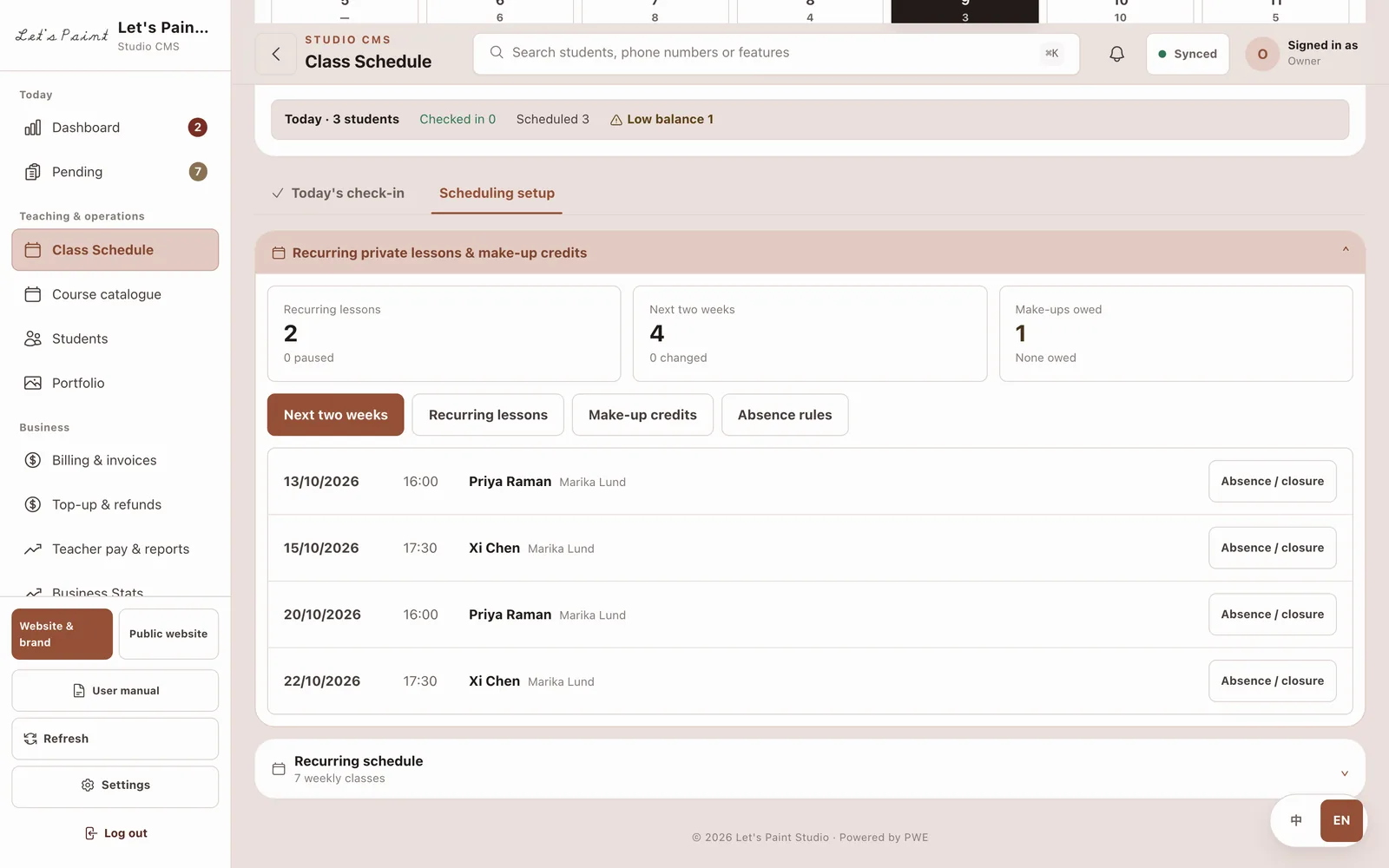 The recurring private lessons panel inside class scheduling